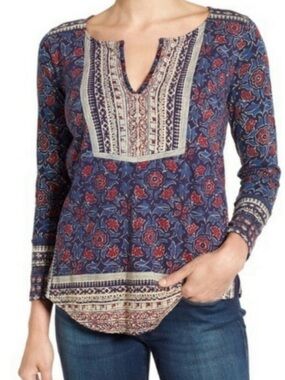 Lucky Brand 100% Cotton Blue Pink Floral Batik Long Sleeve Peasant Blouse Large